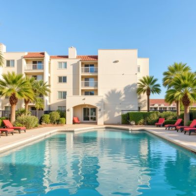 Tropical condo community with palm trees and pool, vacation paradise Tropical condo community with palm trees and pool, vacation paradise. generated by ai