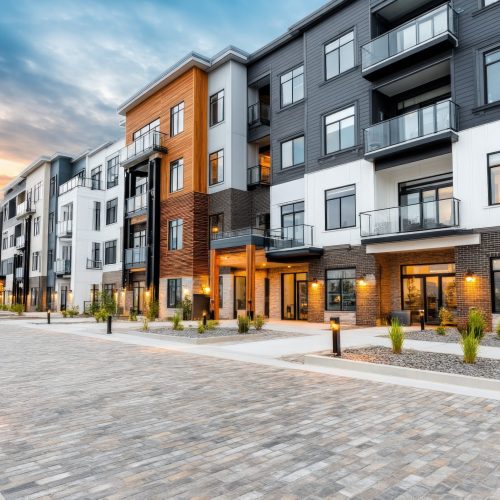 Condo association: Modern multi-unit condo buildings with a common HOA sign or entrance image