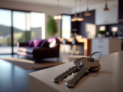Keys on the table in new apartment or hotel room. Mortgage, investment, rent, real estate, property concept. Generative AI