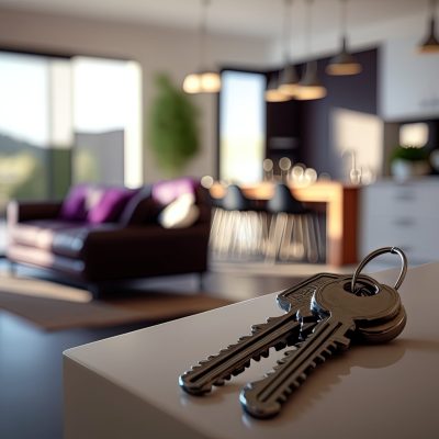 Keys on the table in new apartment or hotel room. Mortgage, investment, rent, real estate, property concept. Generative AI Keys on the table in new apartment or hotel room. Mortgage, investment, rent, real estate, property concept. Generative AI